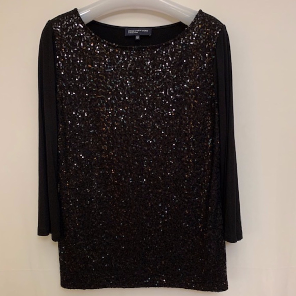 Jones New York black sequin knit top sz L